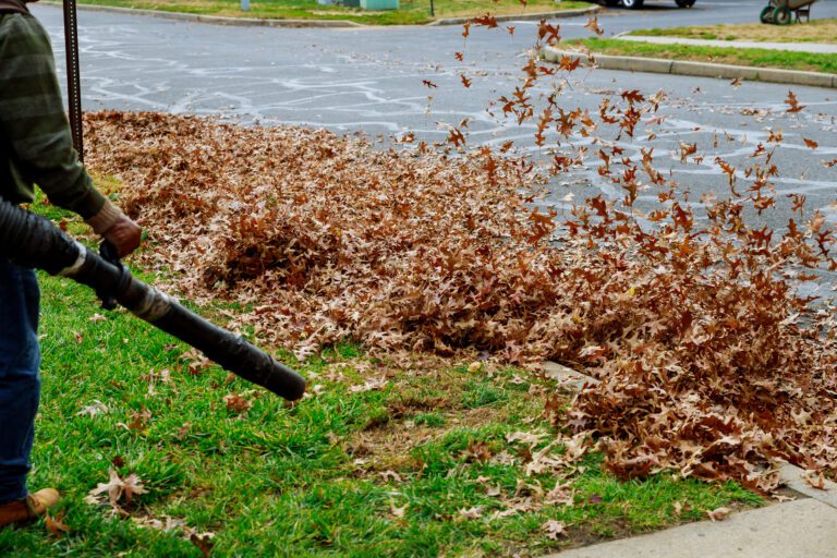 man in work blows off yellow and red fallen autumn leaves in cleaning yard with wind turbine, cleaning lawn Sunny day, colorful foliage blows the air flow man in work clothes blows off yellow and red fallen autumn leaves in cleaning yard